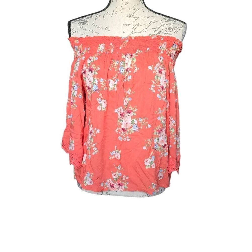 Francesca's Blue Rain Women's Size Small Coral Floral Print Off Shoulder Blouse